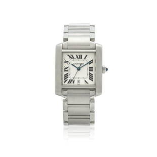 CARTIER. A STAINLESS STEEL AUTOMATIC CALENDAR BACELET WATCH Tank Française, Ref: 2302, c.2000s: CARTIER. A STAINLESS STEEL AUTOMATIC CALENDAR BACELET WATCHModel: Tank FrançaiseReference: 2302Date: c.2000sMovement: 20-jewel ETA automaticDial: White guilloche, black Roman numerals, secret