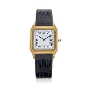 CARTIER. AN 18K GOLD MANUAL WIND WRISTWATCH Santos Dumont,: CARTIER. AN 18K GOLD MANUAL WIND WRISTWATCHModel: Santos DumontMovement: 17-jewel Cal.21 manual, adjusted to 6 positions, No.15987Dial: White, black Roman numeral hour markers, black outer minute