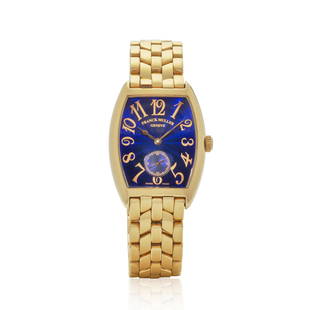 FRANCK MULLER. AN 18K GOLD MANUAL WIND BRACELET WATCH Cintree Curvex, Ref: 1750 S6 PM, Purchased...: FRANCK MULLER. AN 18K GOLD MANUAL WIND BRACELET WATCHModel: Cintree CurvexReference: 1750 S6 PMDate: Purchased 3rd March, 1994Movement: Jewelled manual wind, adjusted to 5 positionsDial: Blue