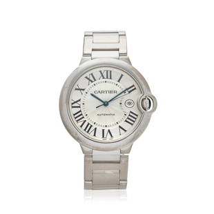 CARTIER. AN 18K WHITE GOLD AUTOMATIC CALENDAR BRACELET WATCH Ballon Bleu, Purchased 24th August,...: CARTIER. AN 18K WHITE GOLD AUTOMATIC CALENDAR BRACELET WATCHModel: Ballon BleuDate: Purchased 24th August, 2007Movement: 21-jewel ETA Cal.2892A2 automaticDial: White guilloche, black Roman numeral