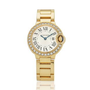 CARTIER. AN 18K GOLD AND DIAMOND LADY'S BRACELET WATCH Ballon Bleu, Ref: 3006, c.2000s: CARTIER. AN 18K GOLD AND DIAMOND LADY'S BRACELET WATCHModel: Ballon BleuReference: 3006Date: c.2000sMovement: 4-jewel Cal.057 quartzDial: Sunburst silvered, black Roman numerals, black inner minute