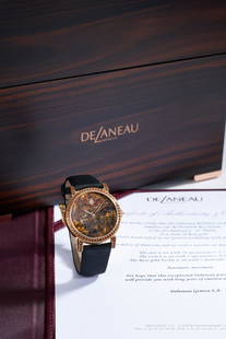 DE LANEAU. A PIECE UNIQUE 18K GOLD AND SPESSARTITE GARNET AUTOMATIC WRISTWATCH Rondo 36, Ref: RO...: DE LANEAU. A PIECE UNIQUE 18K GOLD AND SPESSARTITE GARNET AUTOMATIC WRISTWATCHModel: Rondo 36Reference: RON3600A RG PIE06Movement: 29-jewel Cal.1150.4 automatic, adjusted to five positionsDial: