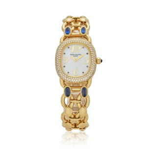 PATEK PHILIPPE. AN 18K GOLD DIAMOND AND SAPPHIRE LADY'S BRACELET WATCHRef: 4831/051, Purchased 1...: PATEK PHILIPPE. AN 18K GOLD DIAMOND AND SAPPHIRE LADY'S BRACELET WATCHReference: 4831/051Date: Purchased 12th February, 1997Movement: 6-jewel Cal.E15 quartz, No.1629251Dial: Mother of pearl, sapphire