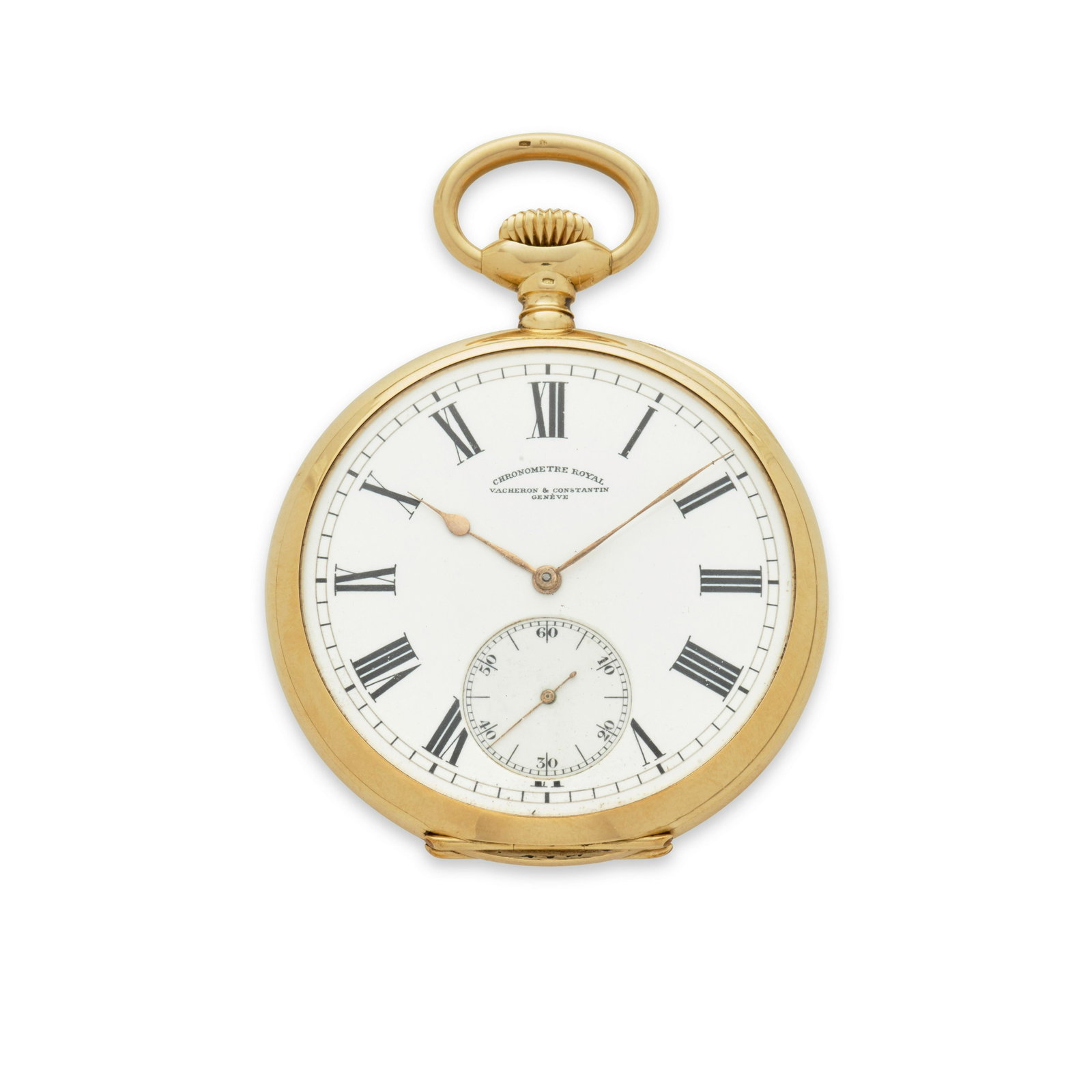 VACHERON & CONSTANTIN, GENÈVE. A FINE 18K GOLD LARGE OPENFACE KEYLESS LEVER WATCH Chronomet...: VACHERON & CONSTANTIN, GENÈVE. A FINE 18K GOLD LARGE OPENFACE KEYLESS LEVER WATCH Model: Chronometro Royal Date: Circa 1917 Movement: 20-jewel gilt bridge pattern, bimetallic balance, overcoiled 