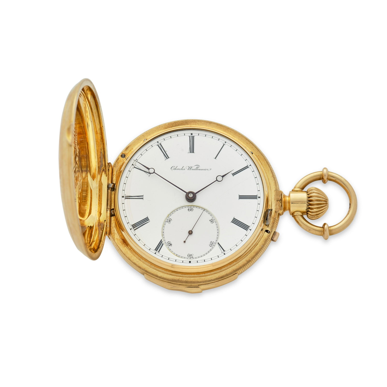 CHARLES WUILLEUMIER, LA CHAUX DE FONDS. A FINE 18K GOLD HUNTER CASED MINUTE REPEATING KEYLESS LE...: CHARLES WUILLEUMIER, LA CHAUX DE FONDS. A FINE 18K GOLD HUNTER CASED MINUTE REPEATING KEYLESS LEVER WATCH Date: Last quarter 19th century Movement: Bridge pattern jeweled through the hammers, escapeme