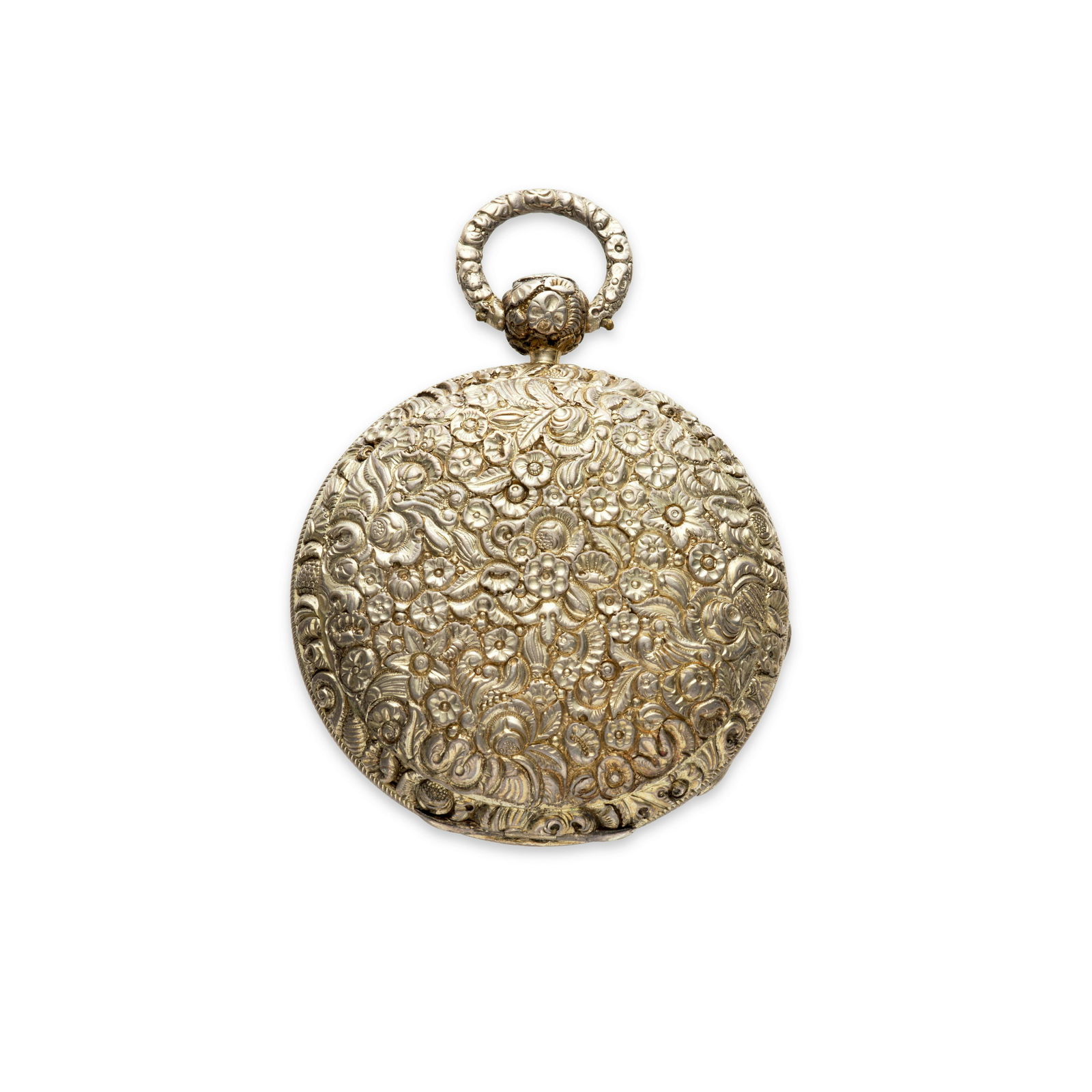 JOHN SALTER, STRAND, LONDON. AN UNUSUAL REPOUSSÉ SILVER GILT HUNTER CASED VERGE WATCHCirca ...: JOHN SALTER, STRAND, LONDON. AN UNUSUAL REPOUSSÉ SILVER GILT HUNTER CASED VERGE WATCH Date: Circa 1810 Movement: Gilt full plate, chain fusee, scroll pierced cock with ruby endstone, steel three