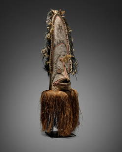 Magnificent Elema Mask, Gulf Province, Papua New Guinea: Magnificent Elema Mask, Gulf Province, Papua New Guineaeharo Tapa, plant fiber frame, pigments, chicken feathers (Gallus gallus domesticus)Height 58 3/8in (148.3cm)ProvenanceField collected by an