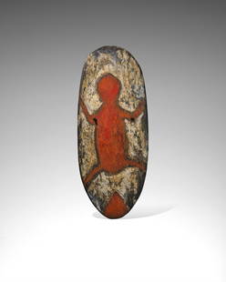 Mendi Shield, Southern Highlands, Papua New Guinea: Mendi Shield, Southern Highlands, Papua New GuineaWood, natural pigments, plant fiber handleHeight 51 1/4in (130cm)ProvenanceChris Boylan, AustraliaAcquired from the above by the present owner