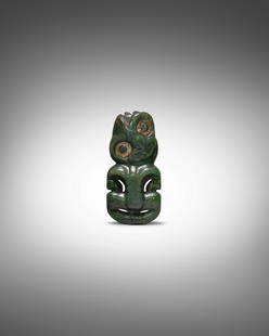 Superb Maori Anthropomorphic Pendant, New Zealand, ca. 1600 - 1850: Superb Maori Anthropomorphic Pendant, New Zealand, ca. 1600 - 1850 hei tiki Nephrite (pounamu), paua shells Height 5 3/4in (14.6cm) Provenance Armand Fernandez/Arman, New York/Paris/Vence