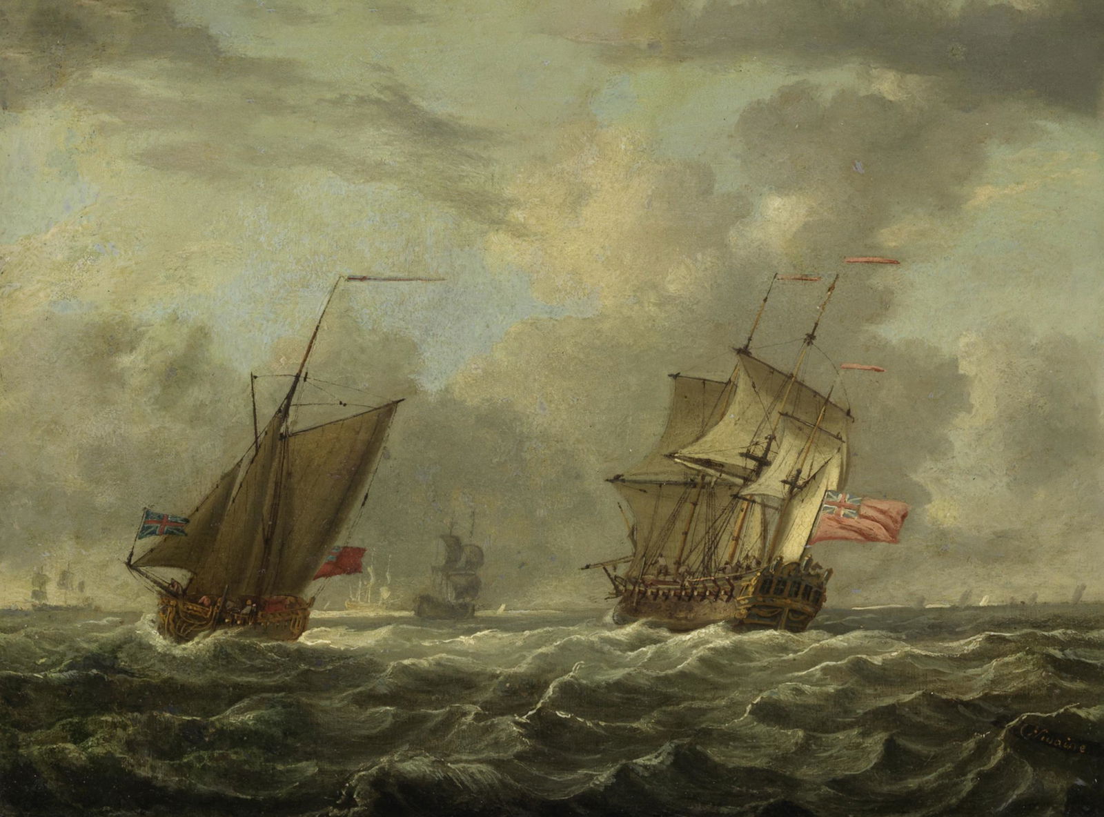 Francis Swaine (London circa 1720-1782) An English man-of-war and other shipping in choppy waters (1 of 2)
