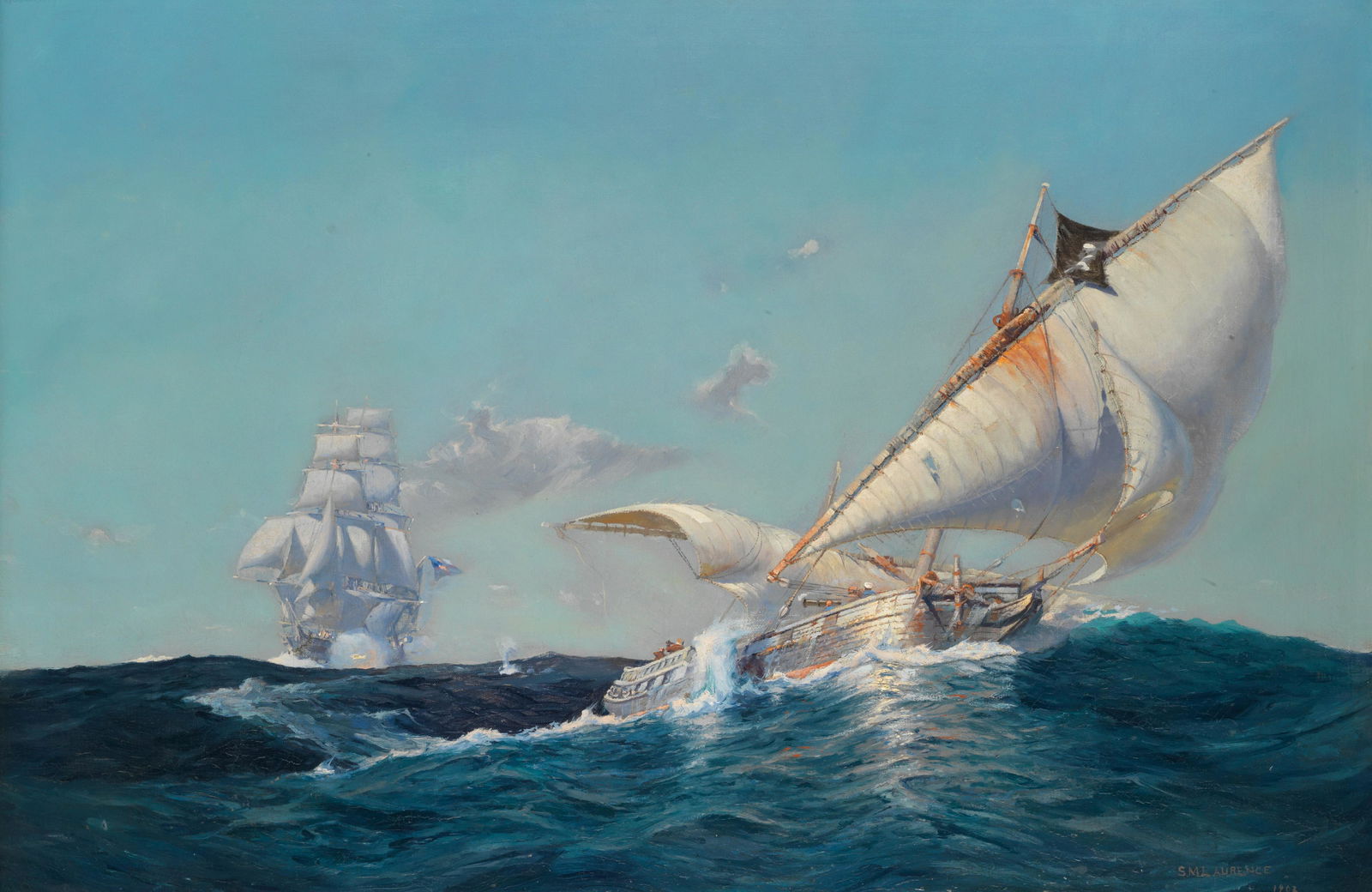 Sydney Mortimer Laurence (American, 1865-1940) Pirate ship on the run (1 of 2)