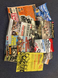 Assorted motorcycle related posters ((Qty)): Assorted motorcycle related postersincluding a 1973 DMV Moto-Cross race poster, framed and glazed, Hutchinson 100, several Silverstone British Grand Prix and others, together with race programmes
