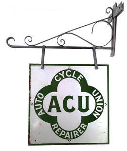 An 'ACU Auto Cycle Union Repairer' double-sided enamel sign, ((2)): An 'ACU Auto Cycle Union Repairer' double-sided enamel sign,in green on white enamel, some slight chips to edges and minor rust spot with some staining to one side, 51 x 50cm, together with original