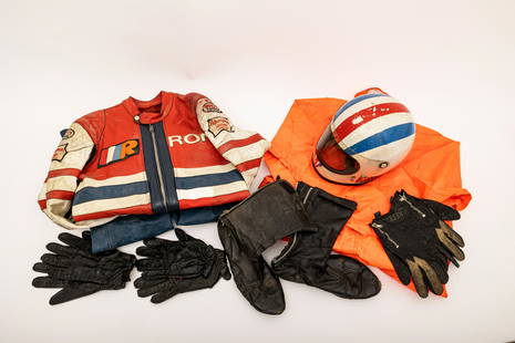RON CHANDLER - A SET OF RACE WORN HIGHWAYMAN LEATHERS ((Qty)): RON CHANDLER - A SET OF RACE WORN HIGHWAYMAN LEATHERSemblazoned with RON to the front chest, highwayman Leathers London and Rivetts London to the arms and Chandler to the back; together with race