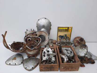 A quantity of believed Triumph parts ((Qty)): A quantity of believed Triumph parts including a 5TA engine casing (numbered H8617), cylinder heads, clutch parts, engine casings, gearbox parts, con-rods, pistons etc, together with sundry spares inc