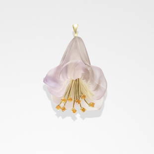 Ametrine and Spessartite Garnet Pendant: Ametrine and Spessartite Garnet PendantBy Manfred WildIdar-Oberstein, Germany Carved from a single specimen of Bolivian ametrine this translucent flowerhead is set with 18K yellow gold stamens