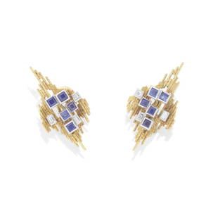 GRIMA: PAIR OF SAPPHIRE AND DIAMOND EARCLIPS, CIRCA 1970: GRIMA: PAIR OF SAPPHIRE AND DIAMOND EARCLIPS, CIRCA 1970Each abstract 'flame' with textured wirework highlighted by step-cut sapphires and three baguette-cut diamonds, signed Grima, length