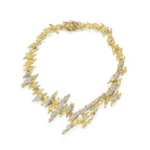 STERLÉ: DIAMOND-SET COLLAR, CIRCA 1967: STERLÉ: DIAMOND-SET COLLAR, CIRCA 1967The articulated links graduating in size towards the centre, composed of textured fronds with polished detail, applied with undulating highlights of