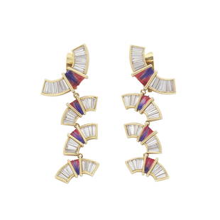 RYOKO USUDA: DIAMOND AND SILK PENDENT EARRINGS, CIRCA 1980: RYOKO USUDA: DIAMOND AND SILK PENDENT EARRINGS, CIRCA 1980Each graduation of articulating fan-shaped links, set with baguette-cut diamonds, accented by red and purple silk thread, unsigned, diamonds