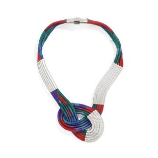 MAKIKO MURAKAWA FOR MIKI: SILK AND DIAMOND NECKLACE, CIRCA 1970: MAKIKO MURAKAWA FOR MIKI: SILK AND DIAMOND NECKLACE, CIRCA 1970The five vari-coloured silk cords, culminating in an eternal knot motif, connected at intervals by undulating courses of brilliant-cut