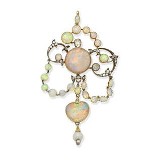 OPAL AND DIAMOND PENDANT, 19TH CENTURY: OPAL AND DIAMOND PENDANT, 19TH CENTURYOf openwork scrolling design, set with variously shaped opal cabochons and opal beads and cushion-shaped, old brilliant and rose-cut diamonds, the largest