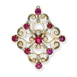 RUBY, DIAMOND AND ENAMEL JEWEL, CIRCA 1890: RUBY, DIAMOND AND ENAMEL JEWEL, CIRCA 1890In the Renaissance Revival style, the lozenge-shaped openwork scrolling plaque, decorated with green-blue iridescent enamel and white and black enamel spots,