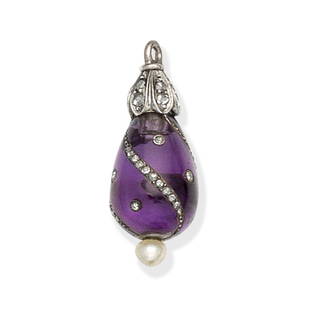 AMETHYST, PEARL AND DIAMOND PENDANT, CIRCA 1910: AMETHYST, PEARL AND DIAMOND PENDANT, CIRCA 1910The amethyst drop inset with a spiral of rose-cut diamonds, terminating in a seed pearl finial, length 3.0cmFootnotes:Provenance:Lady Mary Trefusis,