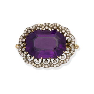 AMETHYST AND DIAMOND BROOCH/CLASP, LATE 19TH CENTURY: AMETHYST AND DIAMOND BROOCH/CLASP, LATE 19TH CENTURYThe large octagonal step-cut amethyst within a scalloped surround of old brilliant, single and rose-cut diamonds, probably the clasp of a necklace