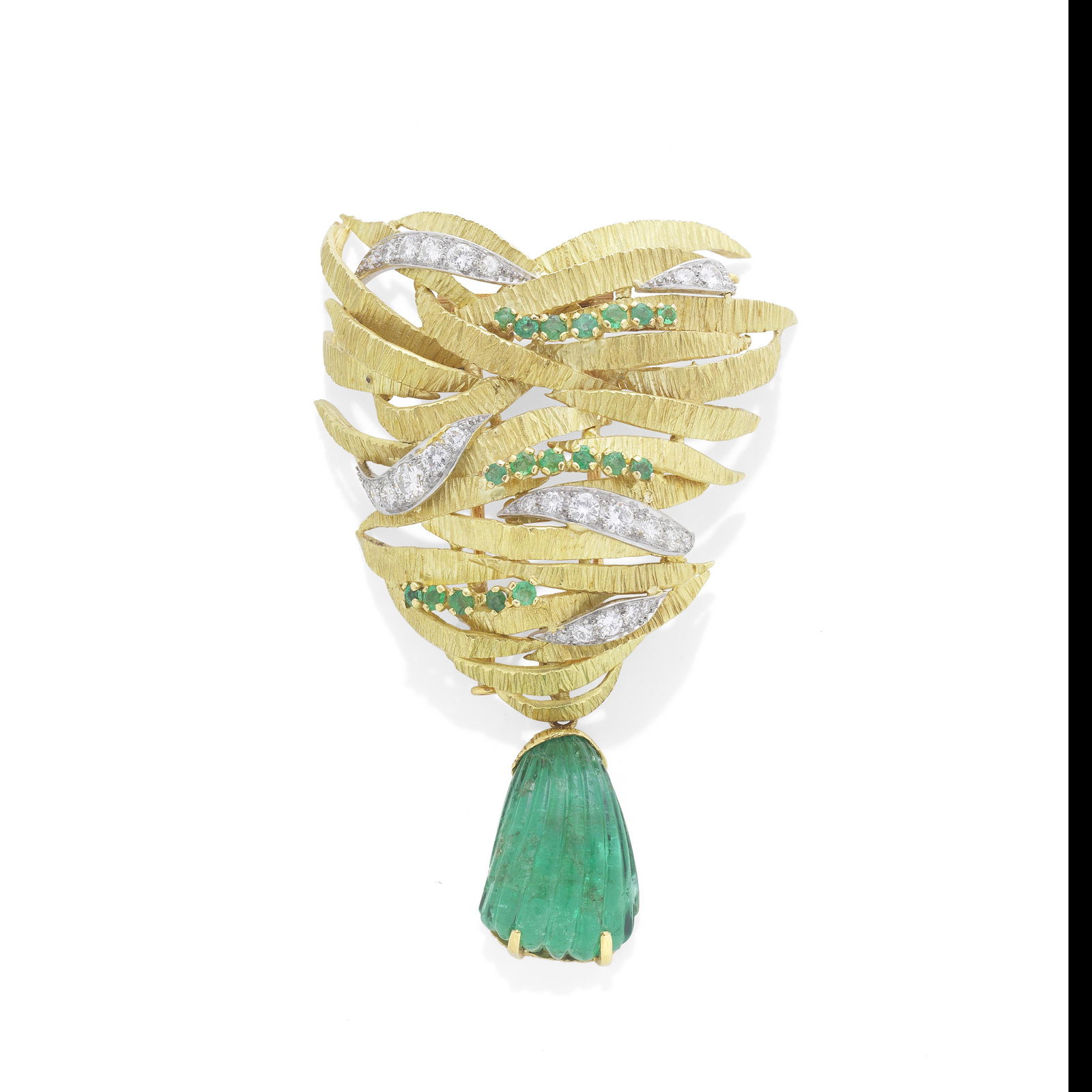 GRIMA: DIAMOND AND EMERALD BROOCH, 1964: GRIMA: DIAMOND AND EMERALD BROOCH, 1964 Of openwork form, the undulating textured fronds interwoven with brilliant-cut diamonds and circular-cut emeralds, suspending a detachable carved emerald drop,
