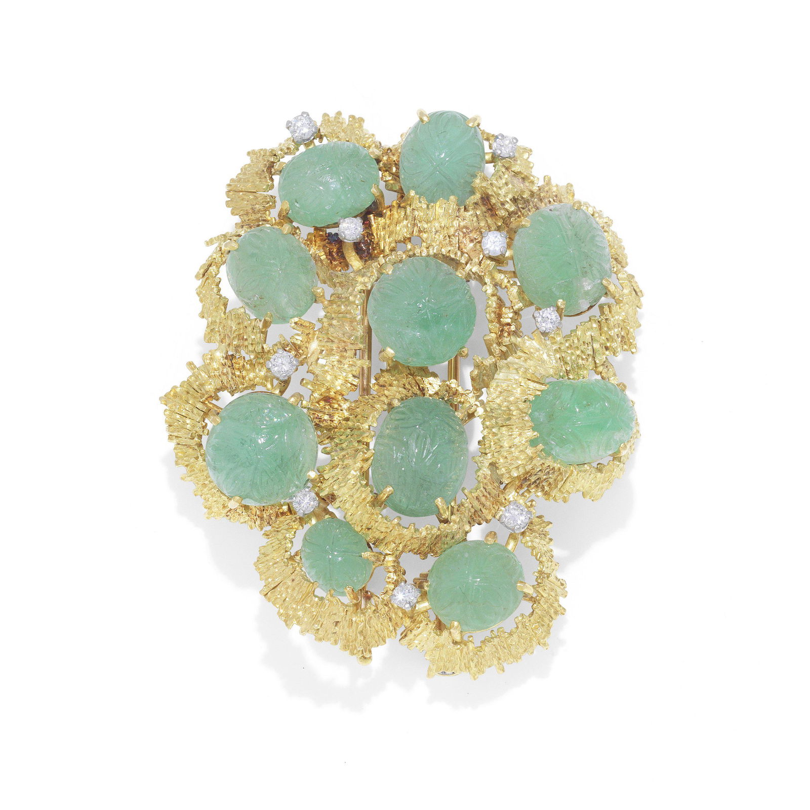 GRIMA: CARVED EMERALD AND DIAMOND BROOCH/PENDANT, 1968: GRIMA: CARVED EMERALD AND DIAMOND BROOCH/PENDANT, 1968 The carved emerald cabochons of various sizes within undulating borders of textures wire, scattered with brilliant-cut diamonds, signed Grima, U