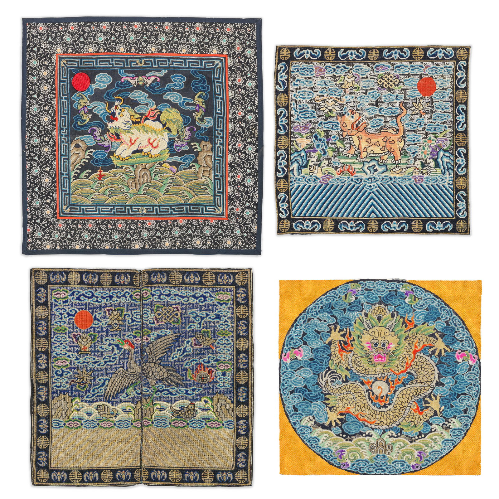 A GROUP OF THREE MILITARY AND CIVIL OFFICIAL RANK BADGES AND A DRAGON ROUNDEL Late Qing/Republic... (1 of 5)
