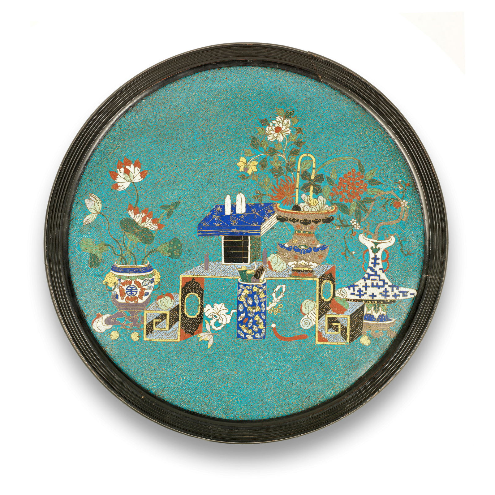 A LARGE CLOISONNÉ ENAMEL 'PRECIOUS OBJECTS' CIRCULAR PLAQUE 19th century (1 of 1)
