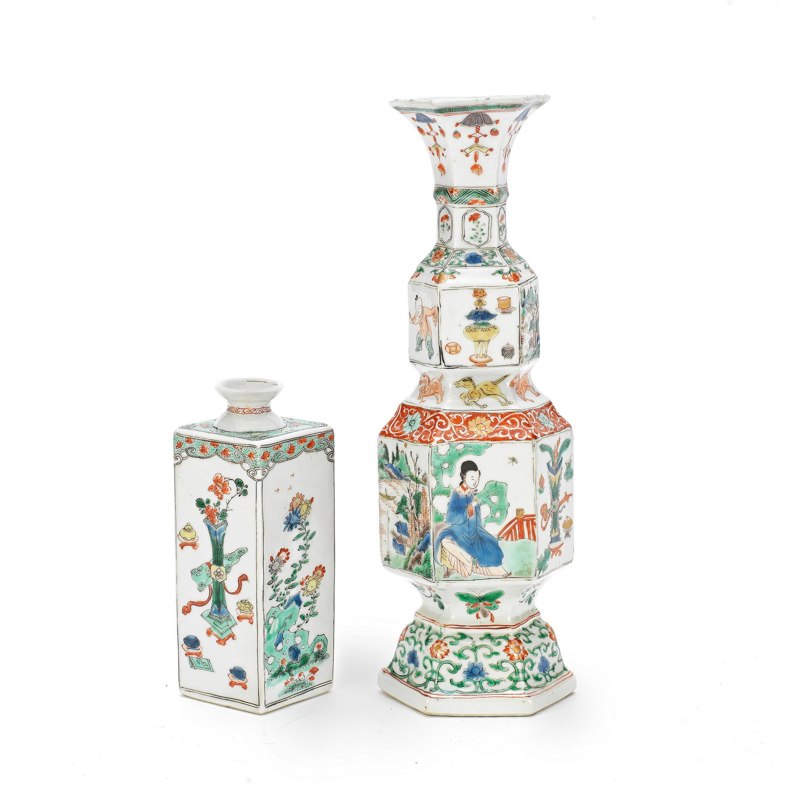 A FAMILLE VERTE HEXAGONAL DOUBLE-GOURD VASE AND A SQUARE BOTTLE Kangxi (2) (1 of 1)