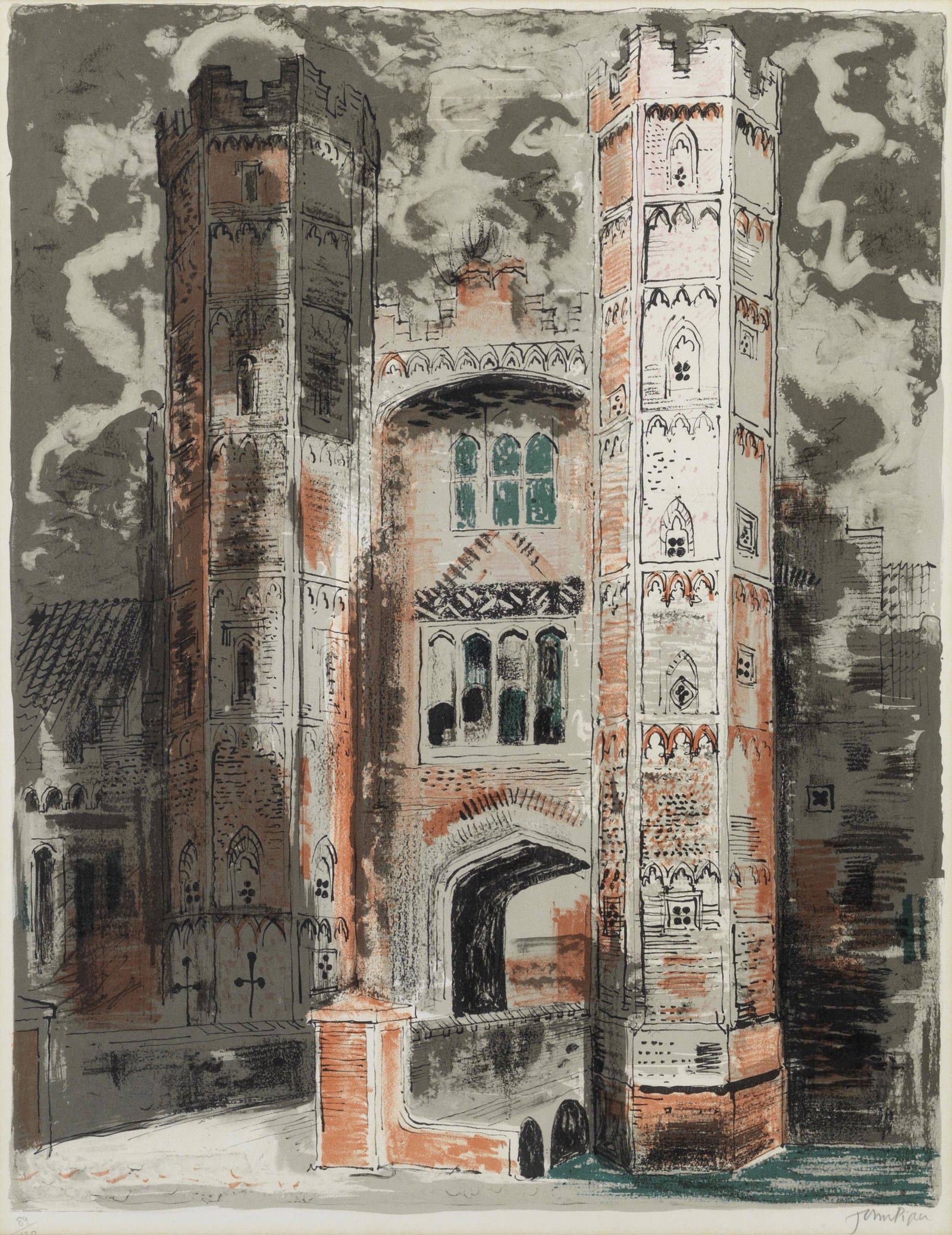 John Piper C.H. (British, 1903-1992) Oxburgh Hall, Norfolk Lithograph printed in colours, 1977, ...: John Piper C.H. (British, 1903-1992) Oxburgh Hall, Norfolk (Levinson 266) Lithograph printed in colours, 1977, on wove, signed and numbered 89/120 in pencil, printed by Curwen Studio, Chilford, co-pub