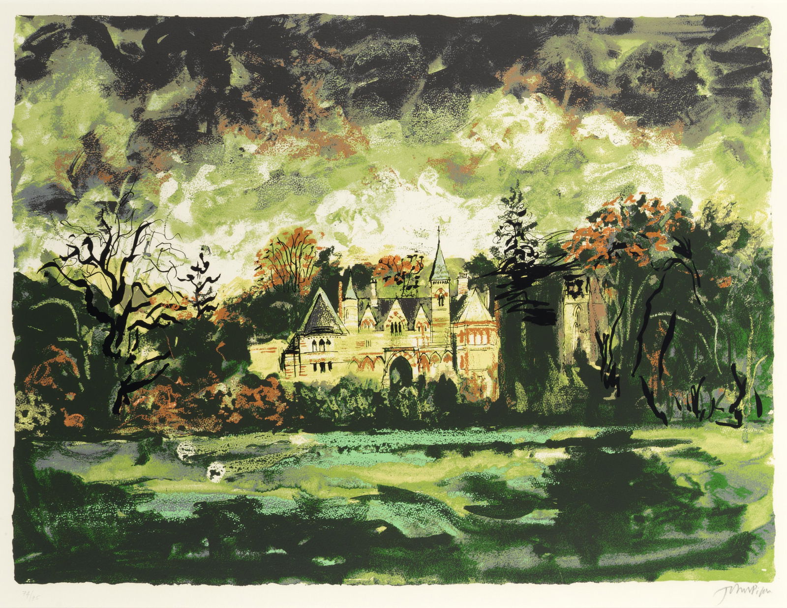 John Piper C.H. (British, 1903-1992) Ettington Park, Plate II from 'Victorian Dream Palaces' Scr...: John Piper C.H. (British, 1903-1992) Ettington Park, Plate II from 'Victorian Dream Palaces' (Levinson 273) Screenprint in colours, 1977, on wove, signed and numbered 74/75 in pencil, printed by Kelpr