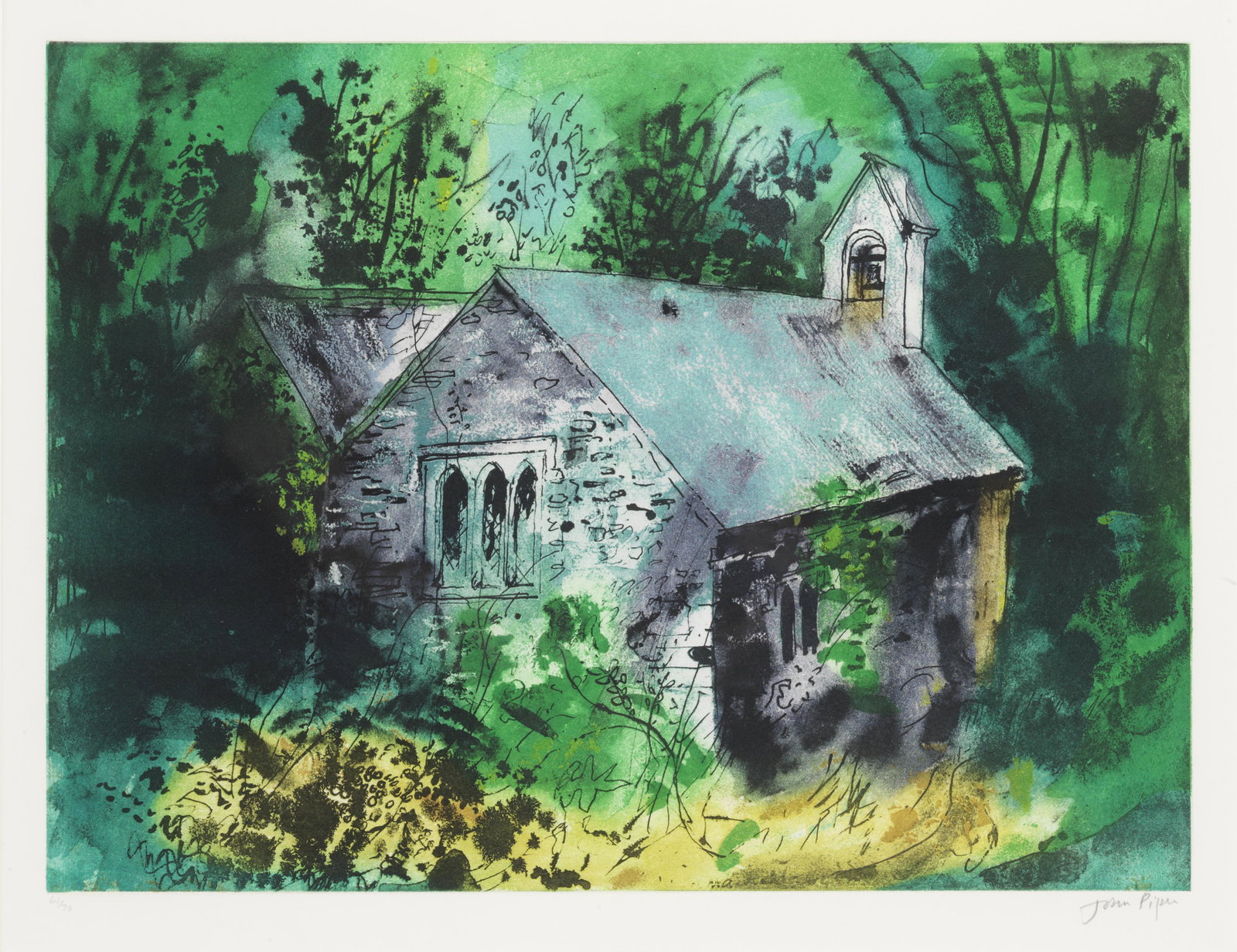 John Piper C.H. (British, 1903-1992) Old Church of Mynachlogddu Etching and aquatint printed in ...: John Piper C.H. (British, 1903-1992) Old Church of Mynachlogddu (Levinson 399) Etching and aquatint printed in colours, 1987, on wove, signed and numbered 61/70 in pencil, printed by Kelpra Studio, Lo