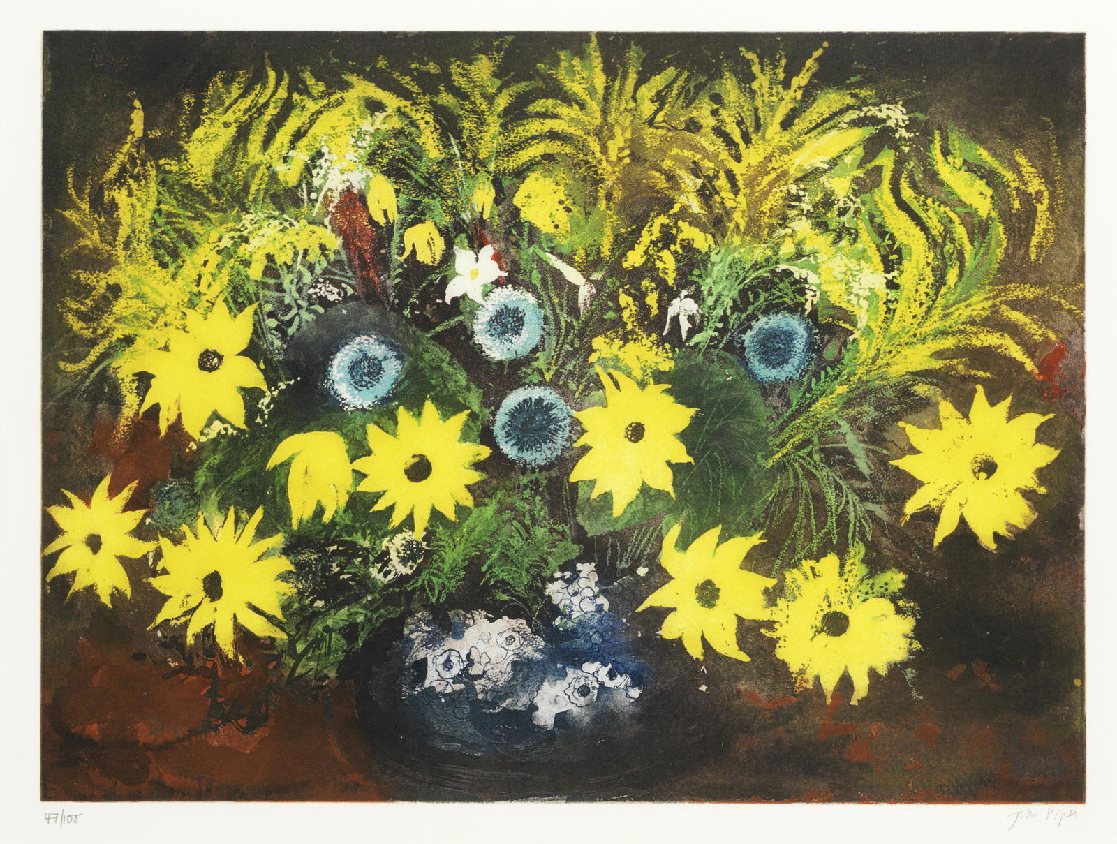 John Piper C.H. (British, 1903-1992) Yellow Flowers Etching and aquatint printed in colours, 198...: John Piper C.H. (British, 1903-1992) Yellow Flowers (Levinson 392) Etching and aquatint printed in colours, 1987, on wove, signed and numbered 47/100 in pencil, printed by Kelpra Studio, London, publi