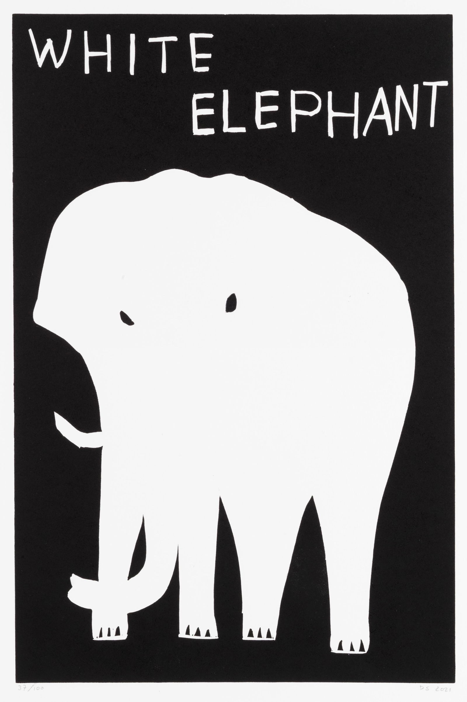 David Shrigley (British, born 1968) White Elephant Linocut printed in black, 2021, on wove, sign...: David Shrigley (British, born 1968) White Elephant Linocut printed in black, 2021, on wove, signed in pencil, dated, numbered 37/100, published by Schäfer Grafik, Copenhagen, with full margins, 5