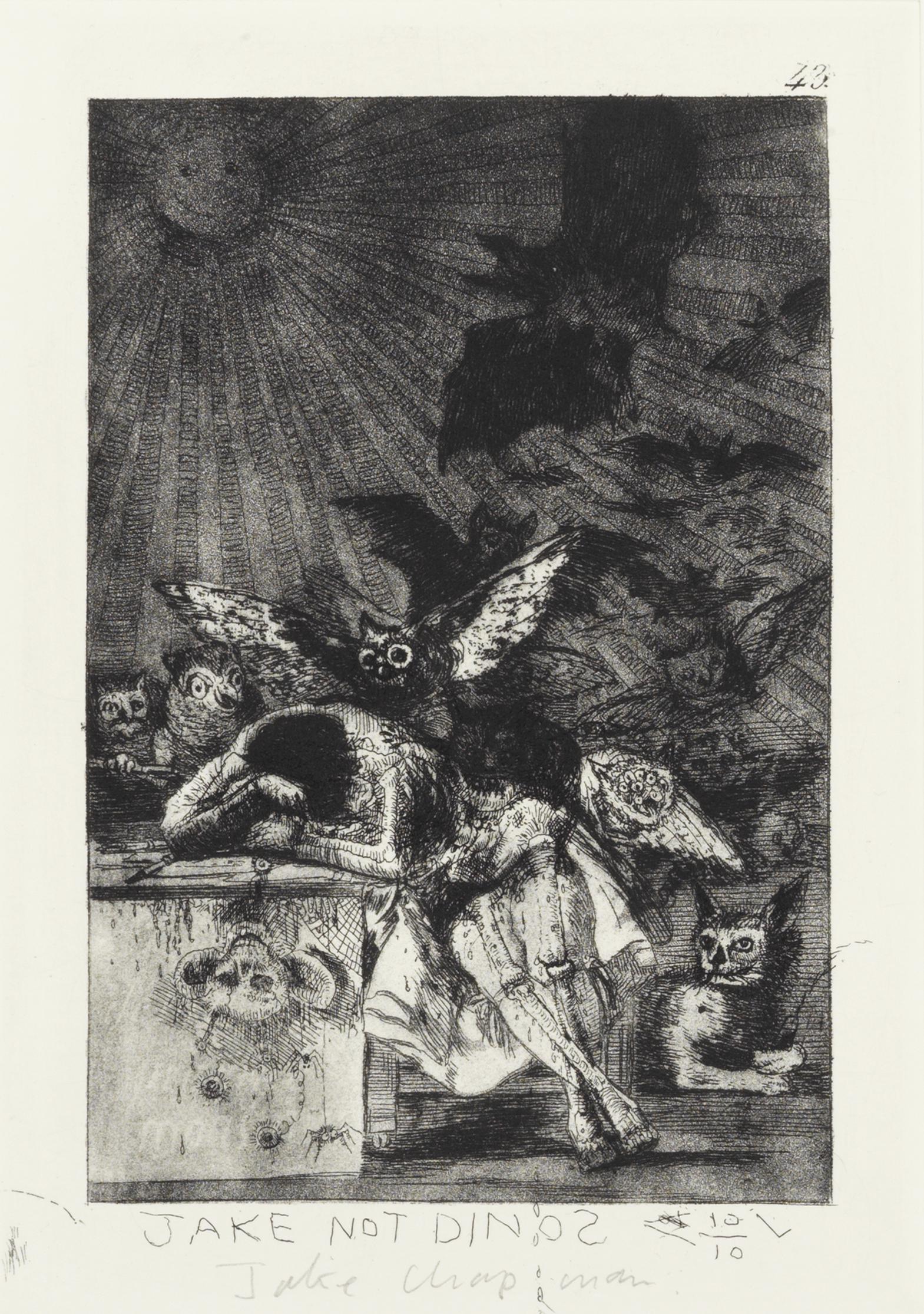 Jake & Dinos Chapman (British, born 1962 and 1966) Jake not Dinos; Dinos not Jake Two etchings p...: Jake & Dinos Chapman (British, born 1962 and 1966) Jake not Dinos; Dinos not Jake Two etchings printed in black, 2006, each on Somerset wove, the first signed in pencil by Jake Chapman, the second sig