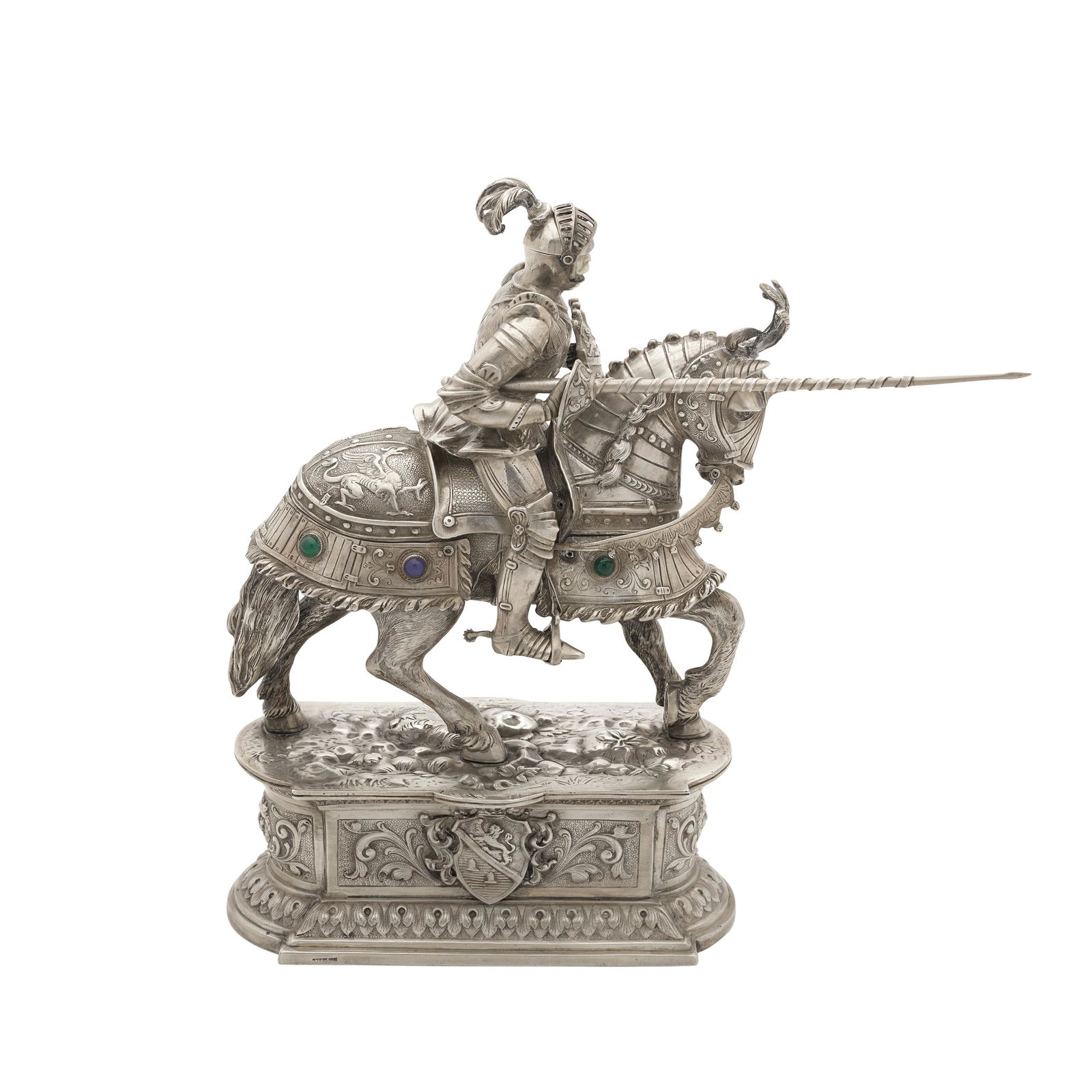 A STERLING SILVER FIGURE OF A JOUSTING KNIGHT ON HORSEBACK probably German, 20th century (1 of 2)