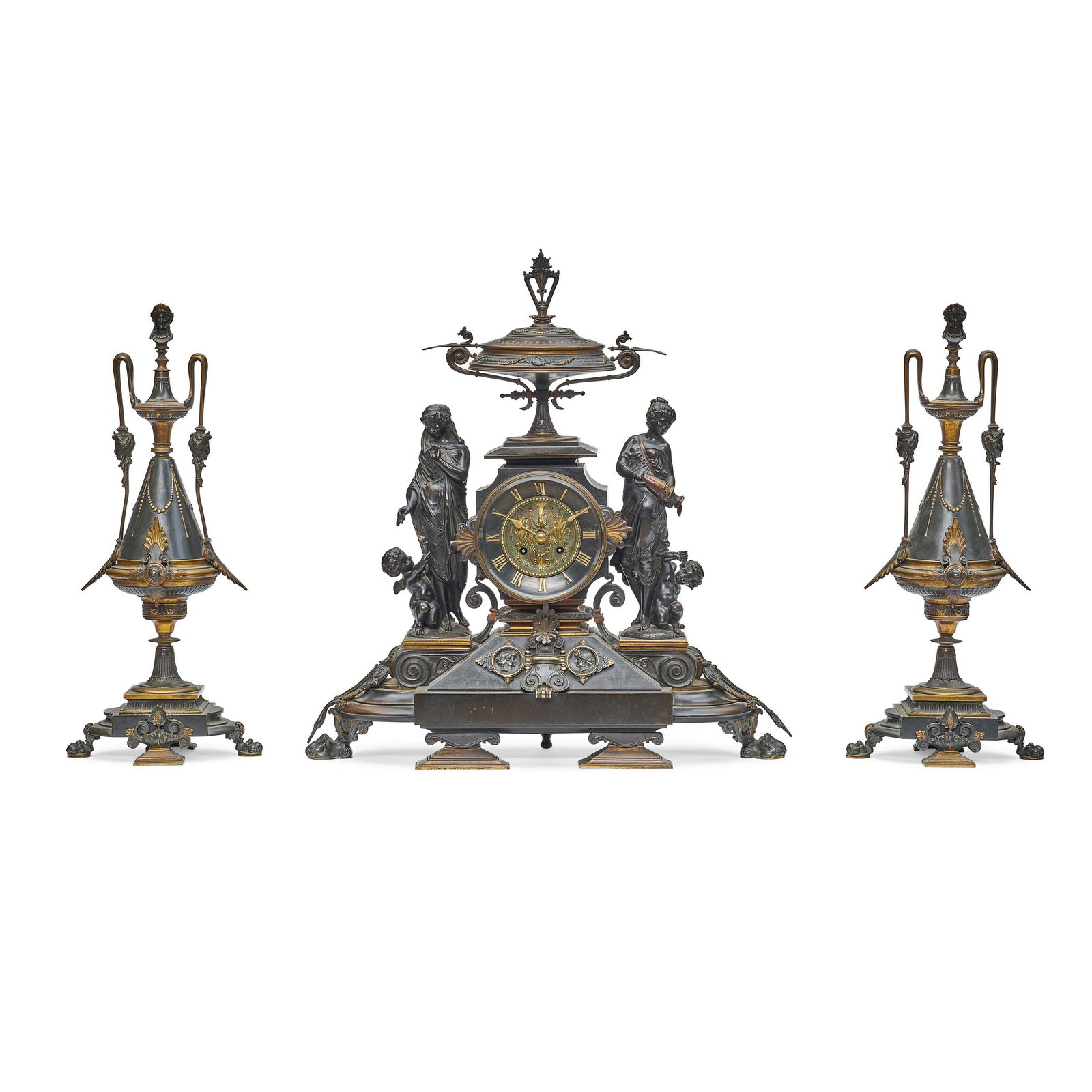 A NEO GREC STYLE GILT AND PATINATED BRONZE THREE PIECE CLOCK GARNITURE19th century (1 of 2)