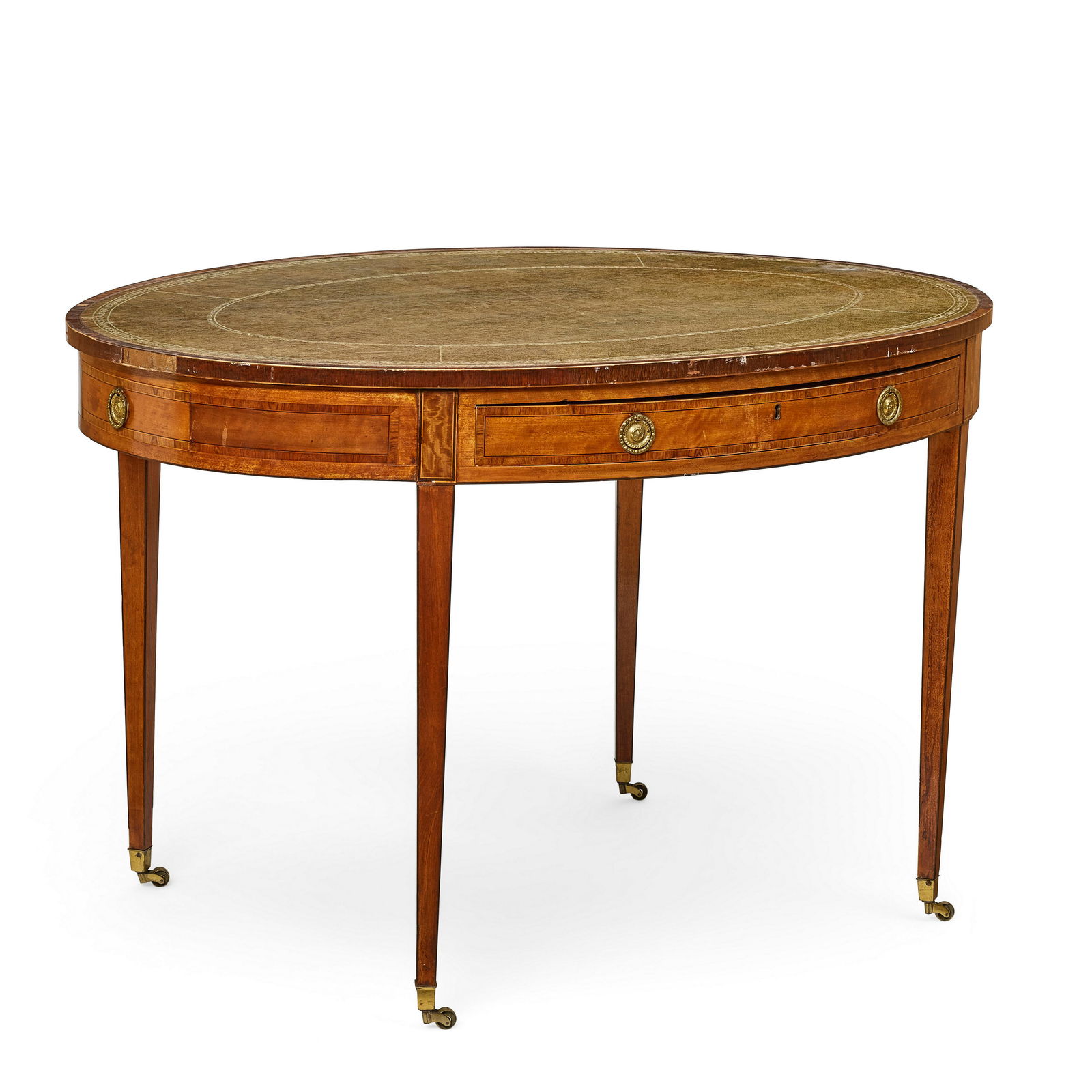 A GEORGE III LEATHER TOP SATINWOOD AND TULIPWOOD CROSSBANDED OVAL LIBRARY TABLEEarly 19th century (1 of 2)