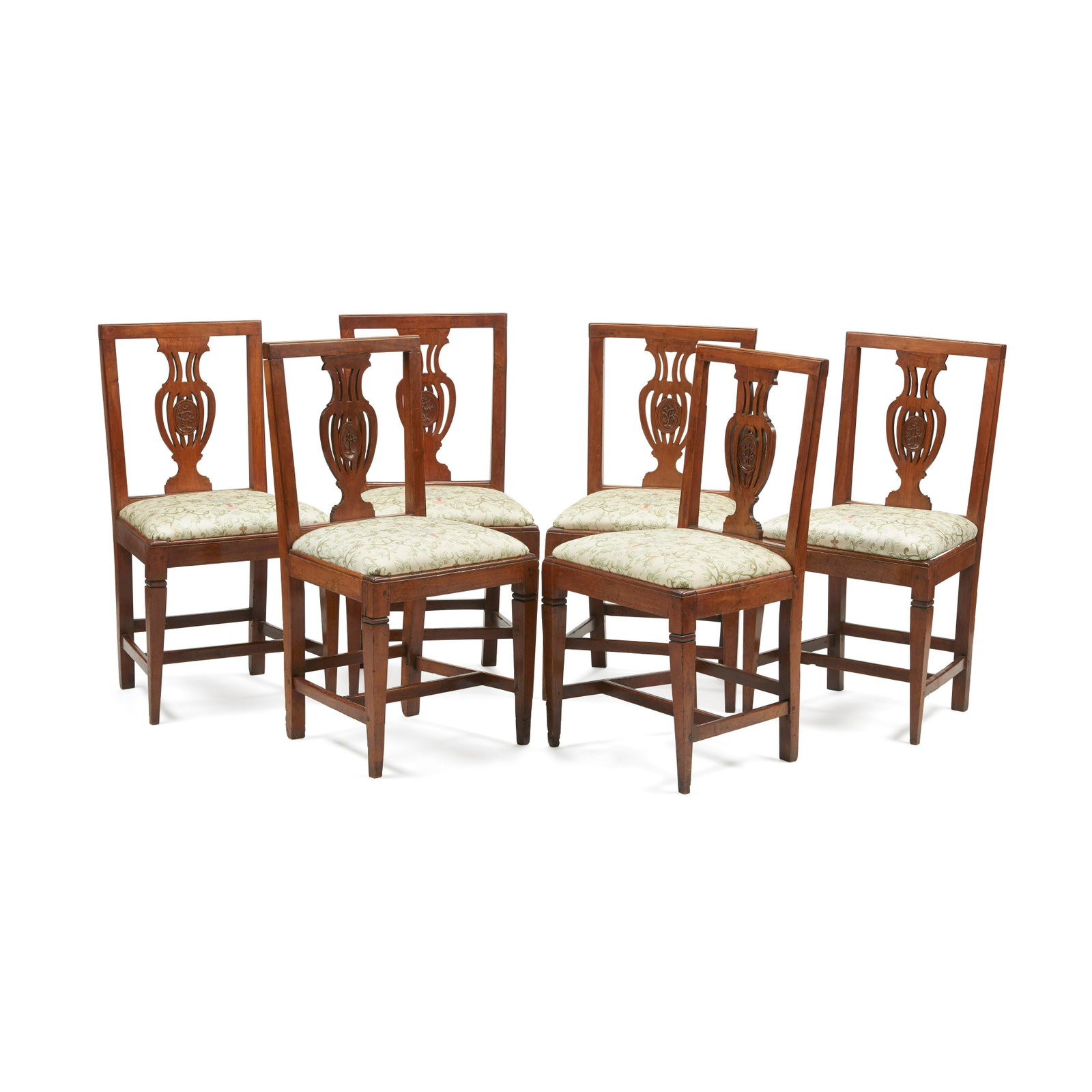A SET OF ITALIAN FRUITWOOD DINING CHAIRSLate 18th century: A SET OF ITALIAN FRUITWOOD DINING CHAIRS Late 18th century height 37 1/2in (95cm); width 19 1/2in (49cm); depth 16 1/2in (42cm)