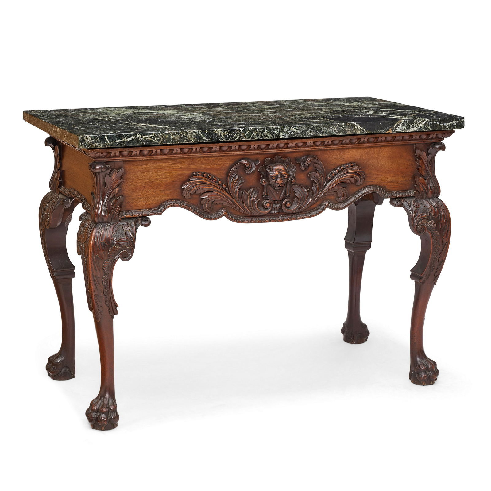 A GEORGE II STYLE MARBLE TOP CARVED MAHOGANY PIER TABLE In the manner of William Kent, circa 174...: A GEORGE II STYLE MARBLE TOP CARVED MAHOGANY PIER TABLE In the manner of William Kent, circa 1740 with later alterations height 34 3/4in (88cm); width 48 1/4in (122.6cm); depth 24 1/4in (61.6cm) Footn