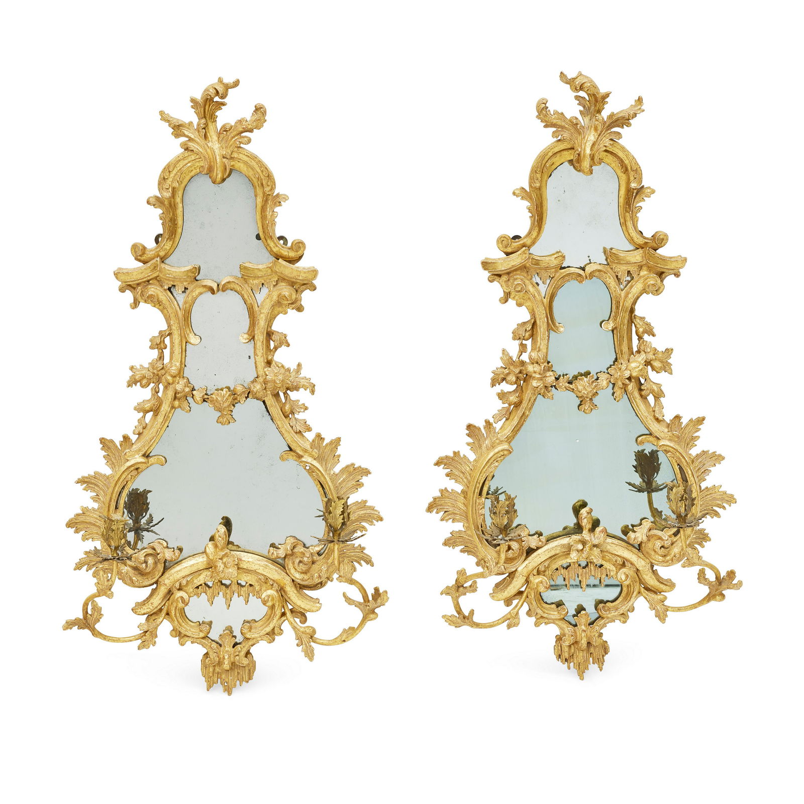 A PAIR OF GEORGE II GILTWOOD GIRANDOLE MIRRORSIn the manner of Thomas Chippendale, circa 1760: A PAIR OF GEORGE II GILTWOOD GIRANDOLE MIRRORS In the manner of Thomas Chippendale, circa 1760 height 37 1/2in (95.3cm); width 20in (50.8cm) Footnotes: Christie's, New York, The Collector: English & E