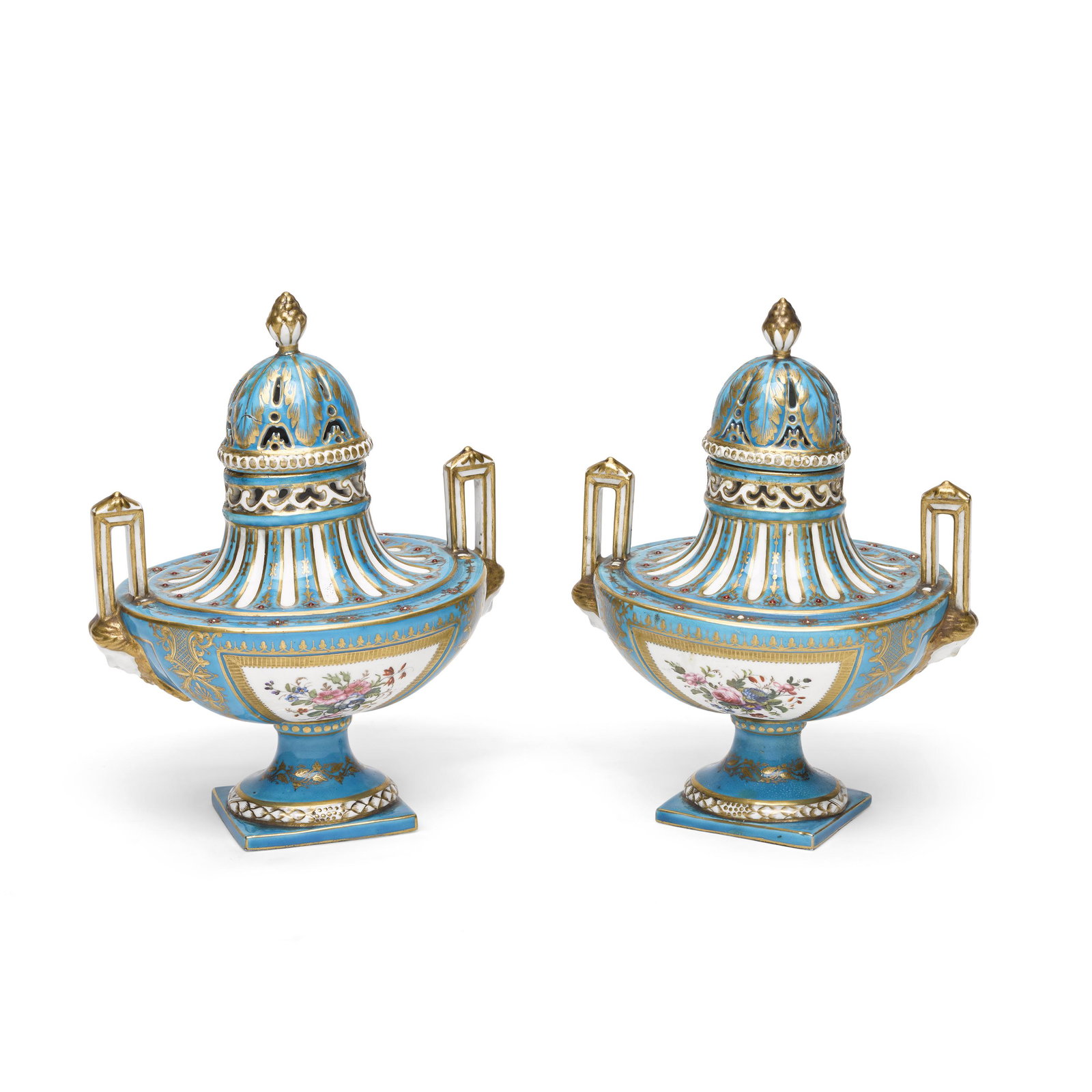 A PAIR OF SÈVRES STYLE PORCELAIN TWO-HANDLED COVERED POTPOURRI URNSLate 19th/early 20th cen... (1 of 1)