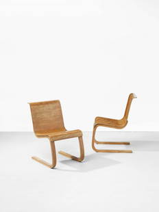 Alvar Aalto Pair of early chairs, model no. 21, 1930s: Alvar Aalto Pair of early chairs, model no. 21, 1930s Karelian birch plywood. Each: 77 x 64 x 48 cm Manufactured by O.y. Huonekalu-ja Rakkenhustyötehdas A.b., Turku, Finland. Retailed by Bowman B