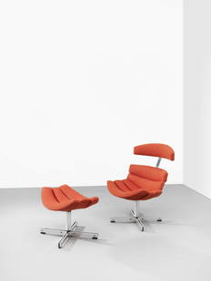 William Plunkett 'Epsom' lounge chair and ottoman, circa 1966: William Plunkett'Epsom' lounge chair and ottoman, circa 1966Chromium-plated metal, fabric upholstery.Chair: 94 x 67 x 73 cm Ottoman: 49.5 x 67 x 52 cm Produced by William Plunkett Furniture, United