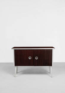 Ernest Race 'BD1' cabinet, circa 1946: Ernest Race'BD1' cabinet, circa 1946Mahogany-laminated aluminium, mahogany-laminated Holoplast, aluminium, beech. 84.7 x 121.5 x 40 cmManufactured by Ernest Race Ltd., London, United
