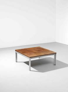 Sir Basil Spence Low table, from Swiss Cottage Central Library, Hampstead, London, circa 1964: Sir Basil SpenceLow table, from Swiss Cottage Central Library, Hampstead, London, circa 1964Cherry-veneered wood, steel. 30.6 x 71.5 x 71.5 cmFootnotes:ProvenanceSwiss Cottage Central Library,